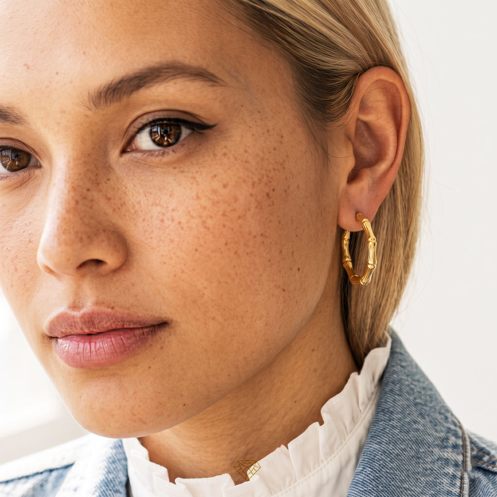 14K Yellow Gold Bamboo Hoop Earrings | Solid Gold Textured Hoops