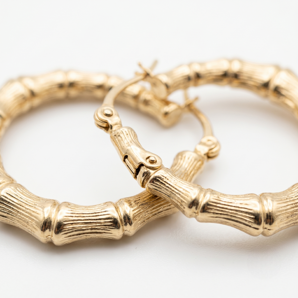 14K Yellow Gold Bamboo Hoop Earrings | Solid Gold Textured Hoops