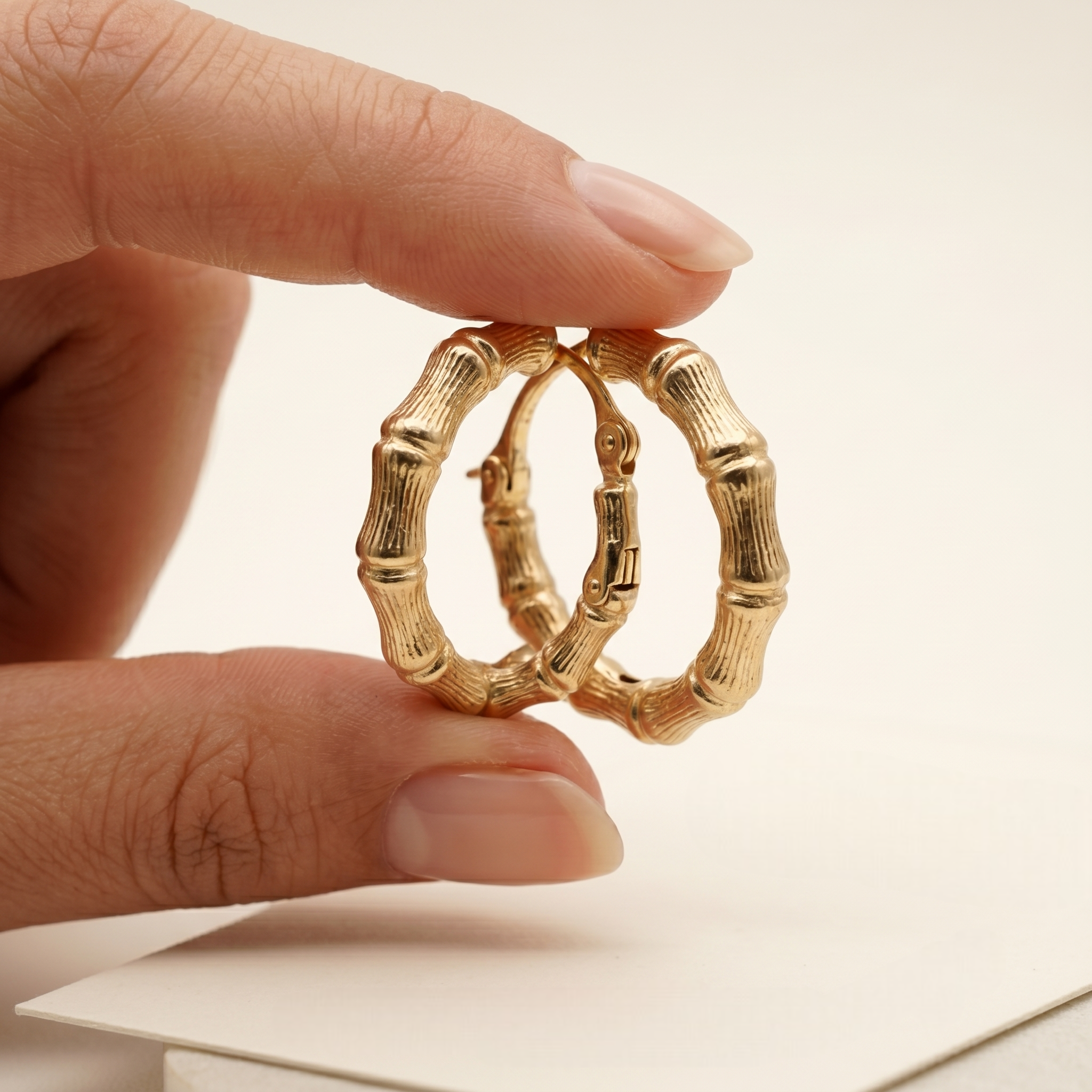 14K Yellow Gold Bamboo Hoop Earrings | Solid Gold Textured Hoops