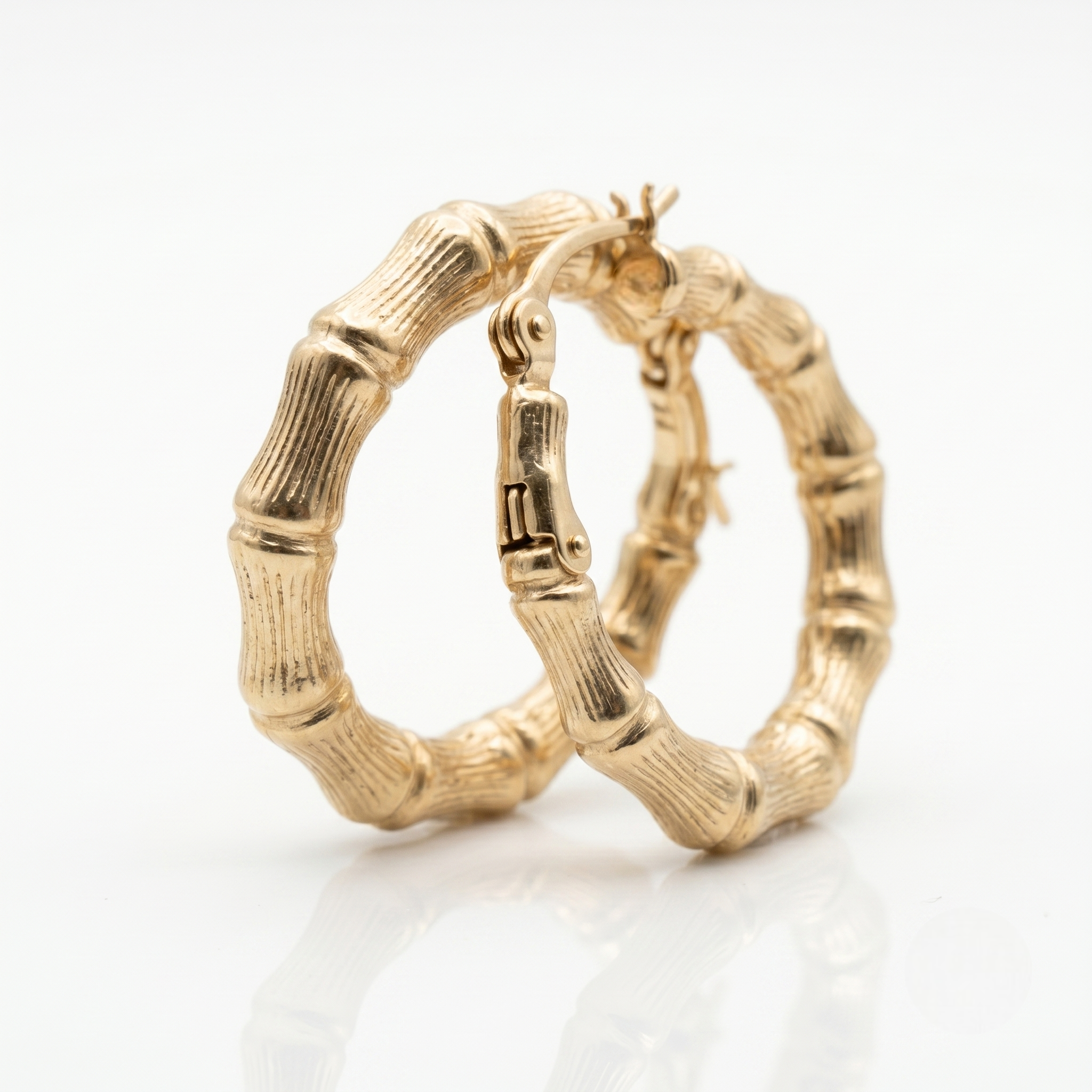 14K Yellow Gold Bamboo Hoop Earrings | Solid Gold Textured Hoops