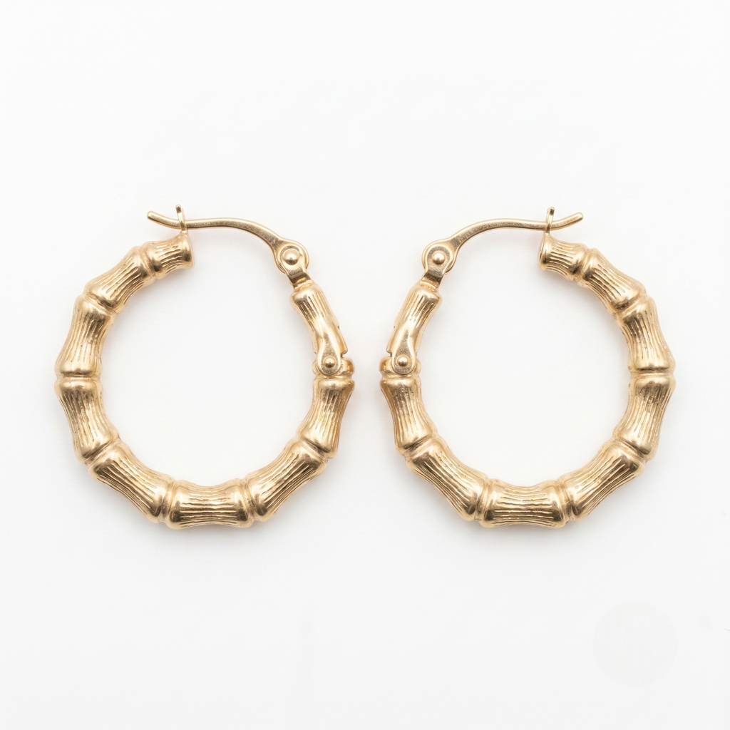 14K Yellow Gold Bamboo Hoop Earrings | Solid Gold Textured Hoops