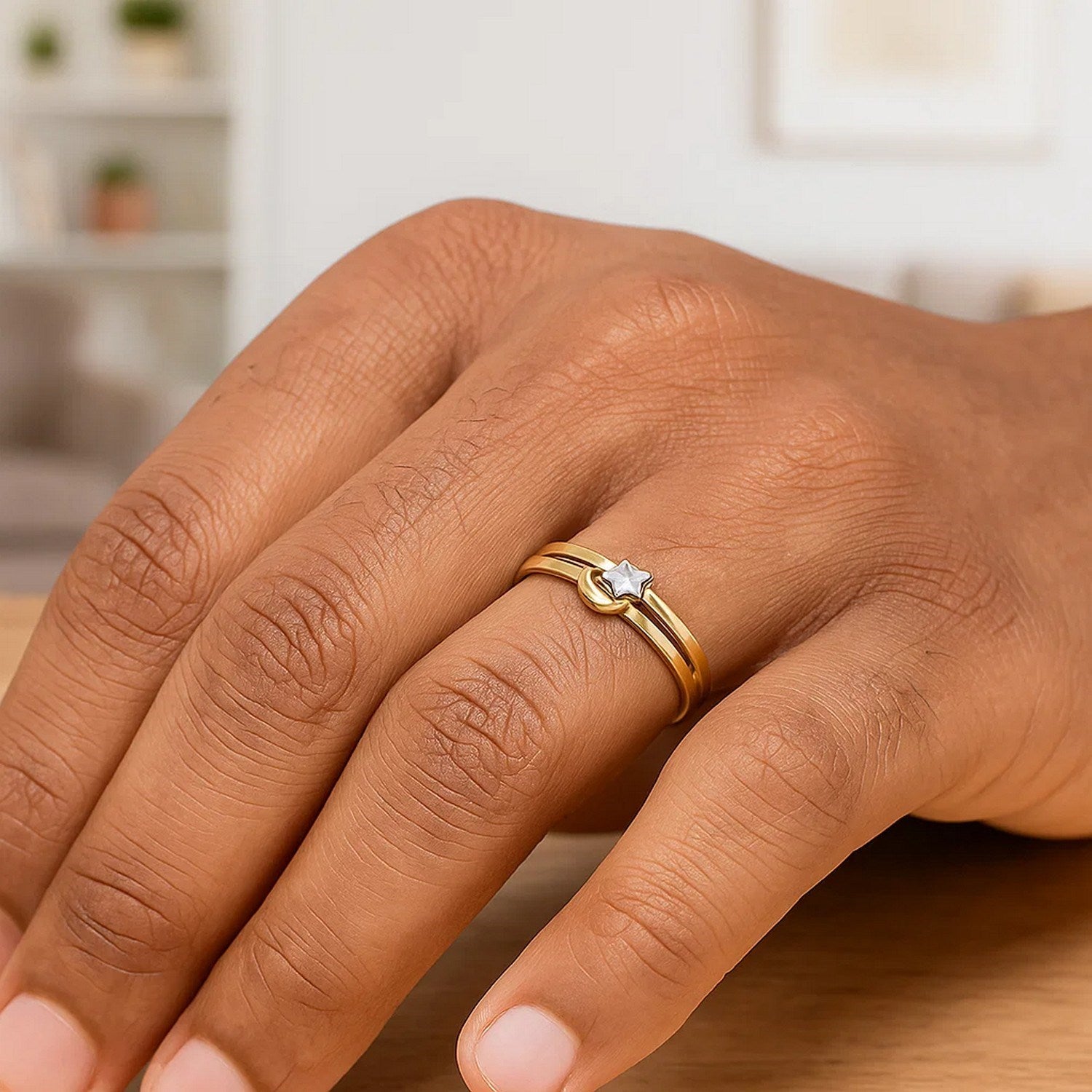 Star & Moon Ring in 10K Two Tone Gold