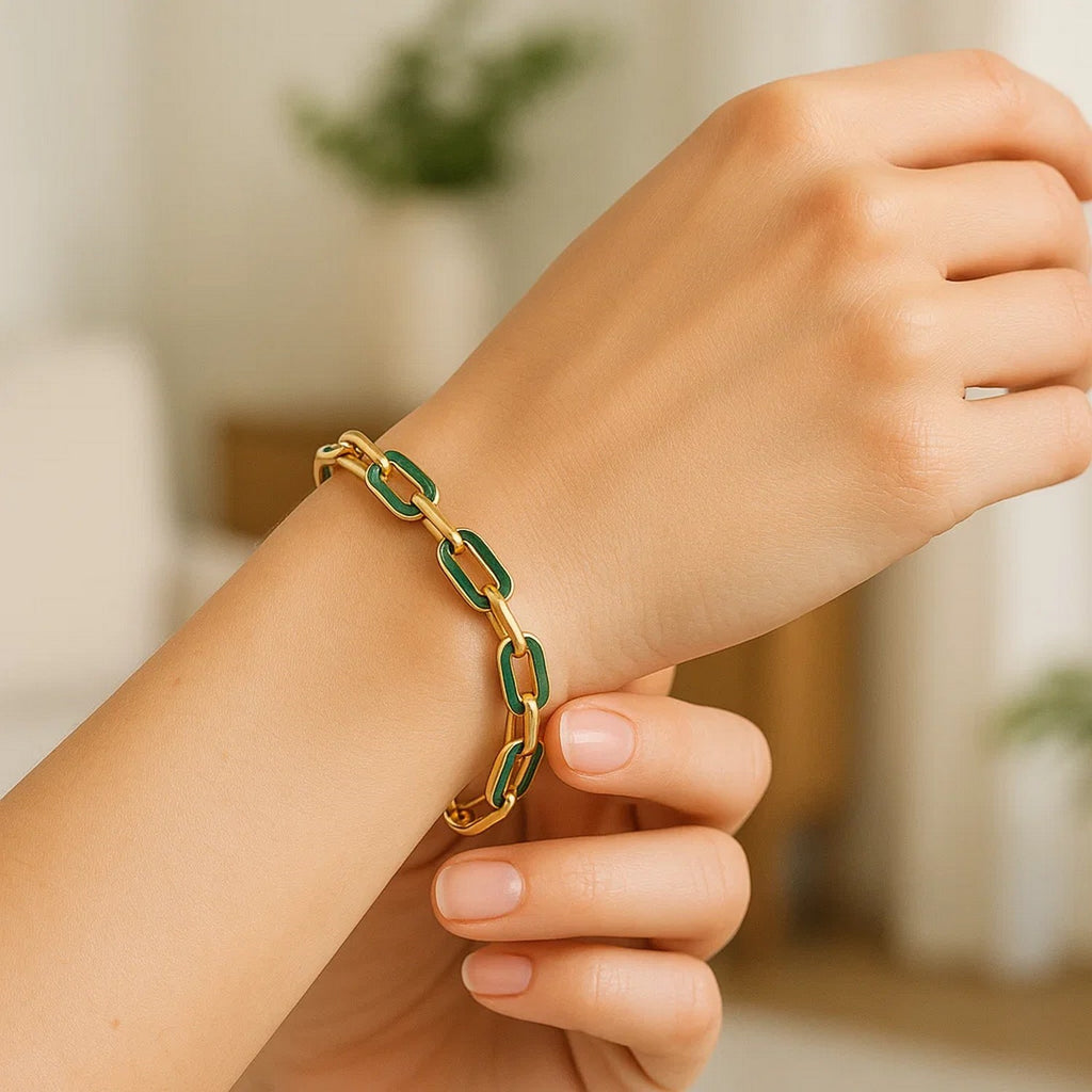 14k Yellow Gold Malachite Paperclip Gem Link Bracelet (7.00 mm)